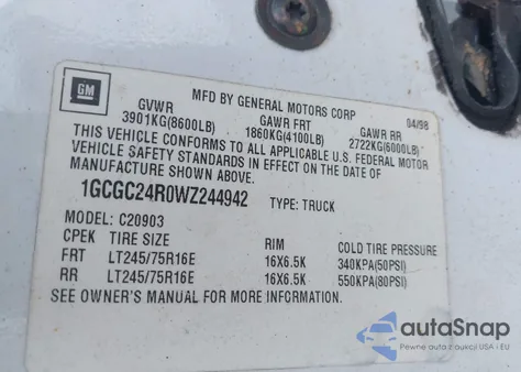 1998 Chevrolet C2500 Fleetside z USA, uszkodzony, nr VIN 1GCGC24R0WZ244942